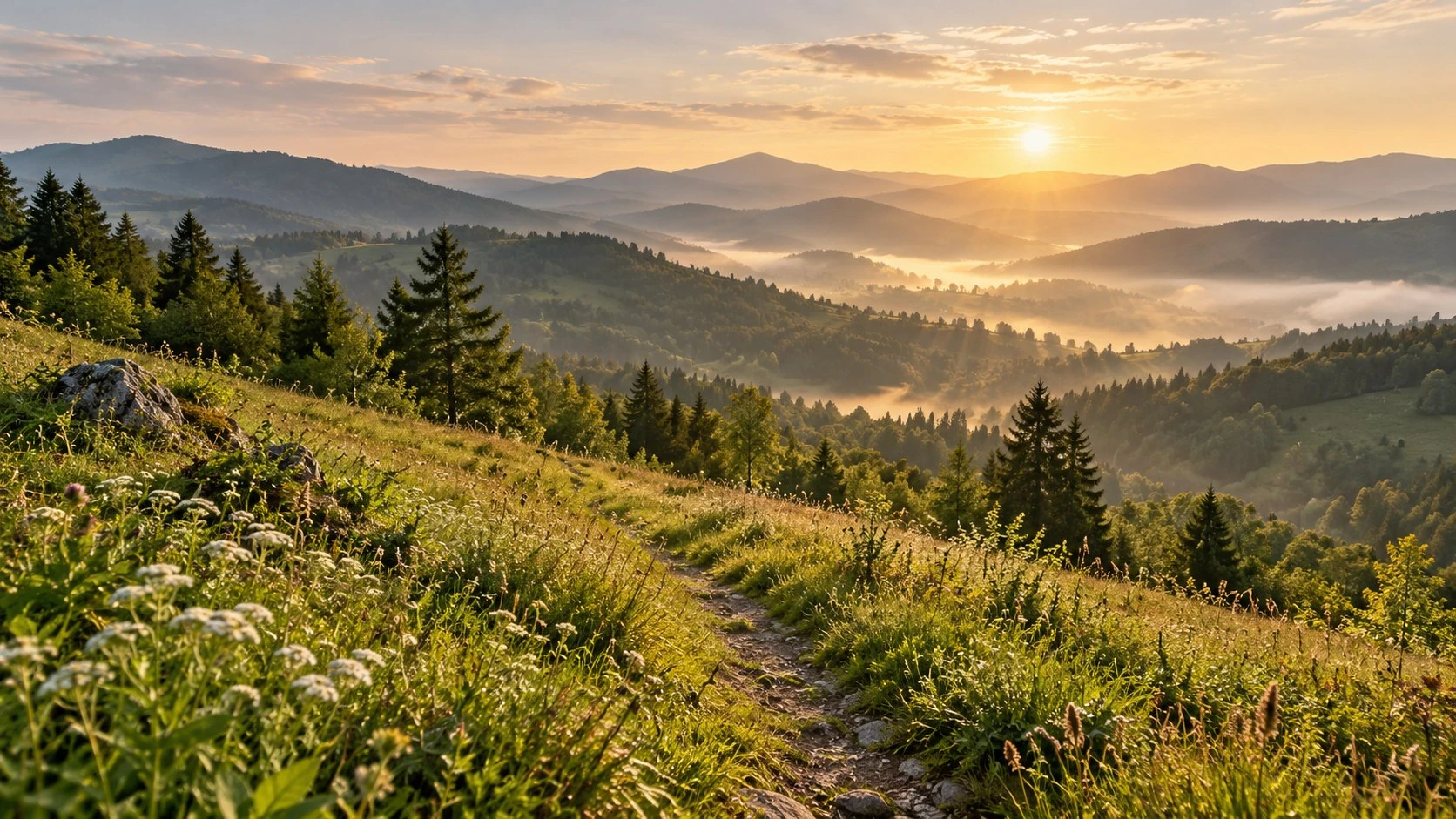 Horská louka s pěšinou a lesnatými hřebeny v ranním světle. Ilustrační fotografie.